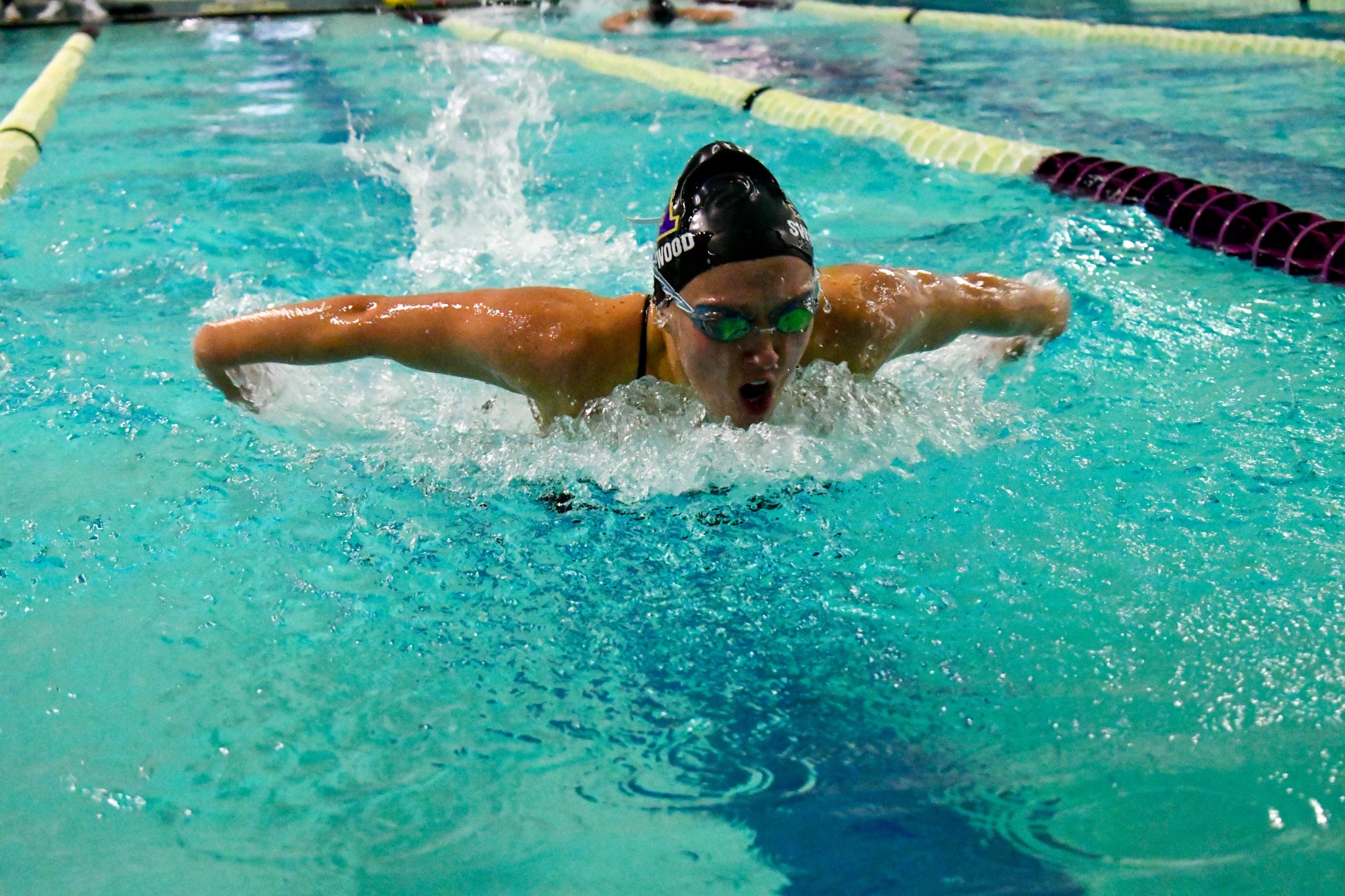 Competitive swimmer captured mid-stroke in a pool